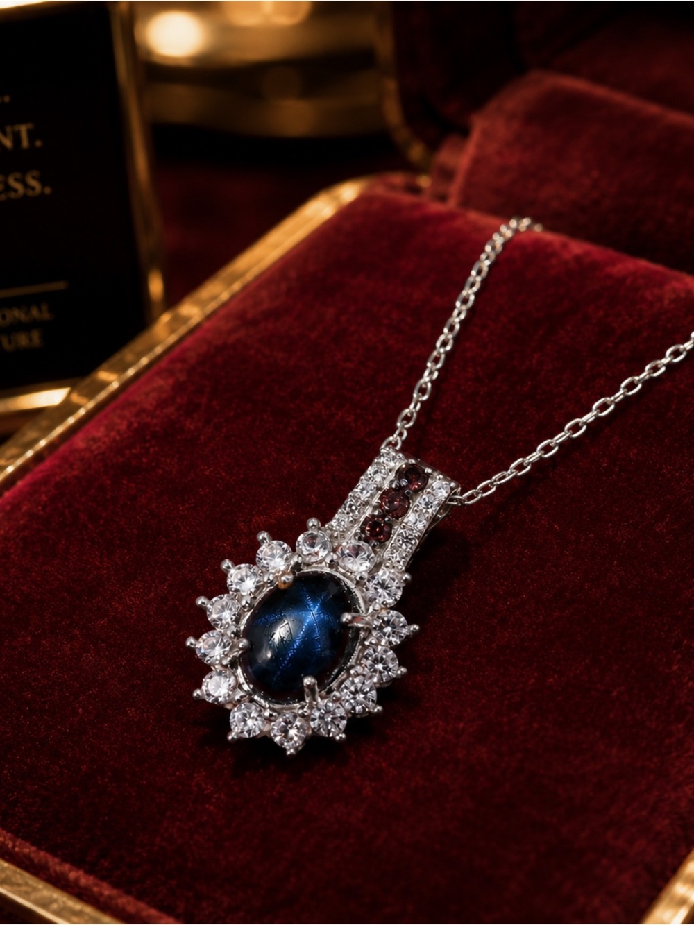 Premium Blue Star Sapphire Pendant Necklace Rhodium over 925 Silver